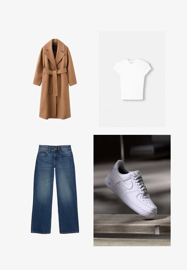 Manteau long marron fabriqué en tissu doux. Il présente un large revers, une taille ceinturée et deux poches latérales. Manches droites et longueur jusqu'aux genoux.; T-shirt blanc à manches courtes en coton doux, avec un col rond et une coupe ajustée. Pas de motifs ni d'ornements visibles.; Jean en denim bleu à jambes larges avec une finition délavée, doté de cinq poches, d'une fermeture frontale par bouton et de détails de coutures visibles.; Baskets Nike Air Force 1 blanches lévitant au-dessus d'une surface en béton avec des ombres dans un cadre minimaliste.