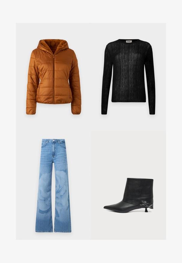 Veste matelassée en marron chaud, avec fermeture éclair sur le devant, capuche et doublure en doux faux-fur. Tissu texturé avec des poches latérales discrètes.; Haut noir à manches longues avec un motif tricoté texturé, encolure ronde et silhouette ajustée. Matière douce avec une apparence semi-transparent.; Jean bleu clair à jambes larges avec taille haute, bouton à l'avant et poches, présentant un motif floral subtil lavé sur les jambes.; Bottine en cuir noir avec bout pointu, petit talon kitten et détail écrit argenté près du talon.