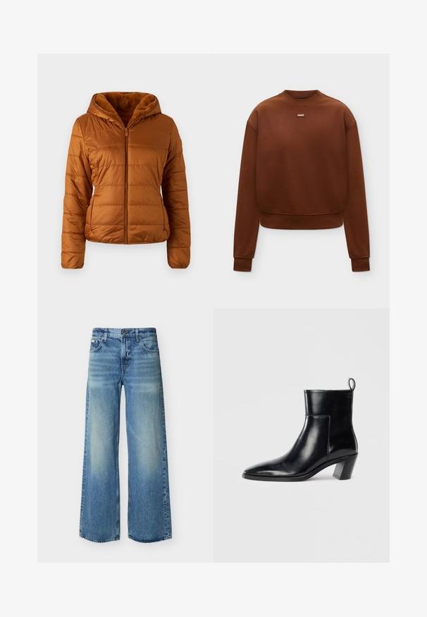 Veste matelassée en marron chaud, avec fermeture éclair sur le devant, capuche et doublure en doux faux-fur. Tissu texturé avec des poches latérales discrètes.; Sweat-shirt marron à manches longues et col rond, avec poignets et ourlet côtelés, avec un petit patch logo "HUGO" au centre de la poitrine.; Jean large à jambes larges bleu clair avec bouton et fermeture éclair à l'avant, poches avant et arrière, et une subtile décoloration sur les cuisses et les genoux.; Bottine en cuir noir avec un bout pointu, un talon empilé géométrique et une languette à l'arrière. Texture lisse et design épuré.