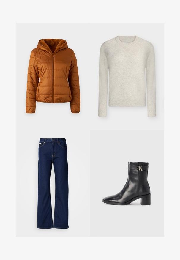 Veste matelassée en marron chaud, avec fermeture éclair sur le devant, capuche et doublure en doux faux-fur. Tissu texturé avec des poches latérales discrètes.; Pull beige clair à manches longues et col rond avec poignets, ourlet et encolure côtelés, présenté sur un fond gris neutre.; Jeans en denim bleu foncé avec un design à jambes larges, une coupe droite, cinq poches et une fermeture éclair à l'avant. Détails de surpiqûres le long des coutures.; Botte de cheville en cuir noir avec un bout pointu, un talon carré et une sangle avec un détail de logo métallique. Texture lisse et design minimaliste.