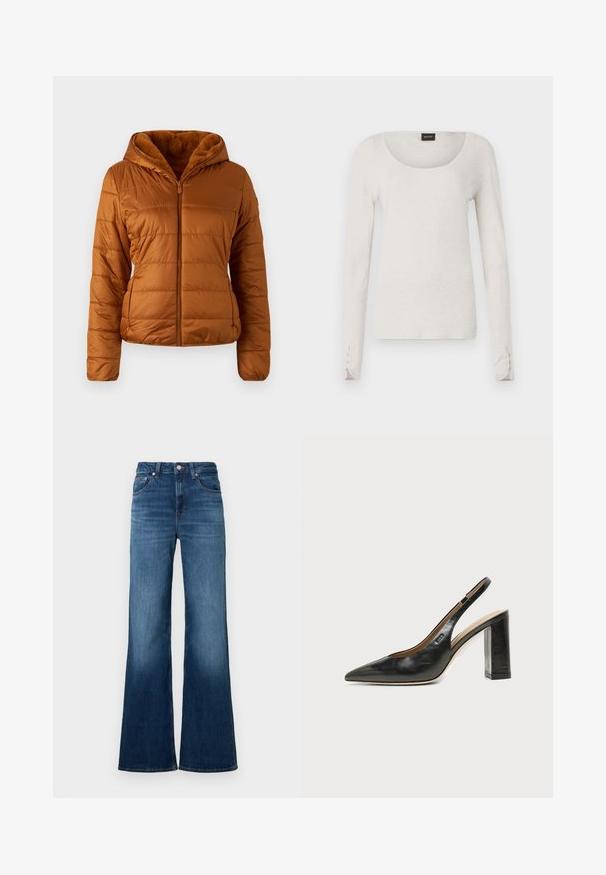 Veste matelassée en marron chaud, avec fermeture éclair sur le devant, capuche et doublure en doux faux-fur. Tissu texturé avec des poches latérales discrètes.; T-shirt à manches longues gris clair en coton doux avec un col en scoop et des accents de boutons aux poignets. Design simple et minimaliste.; Jean évasé bleu en denim, avec une taille mi-haute, cinq poches, des surpiqûres contrastantes et une finition légèrement délavée.; Chaussure slingback en cuir noir à bout pointu avec un talon bloc haut et une doublure intérieure beige sur un fond clair uni.