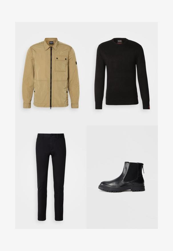 Beige, leichte Jacke mit einer zerknitterten Textur, einem Frontreißverschluss, einer geknöpften Brusttasche und Seitentaschen. Besitzt ein Kragen-Design.; Scotch & Soda REGULAR FIT CREW NECK - Strickpullover - meteorite; Schwarze Hosen aus glattem Baumwollstoff, mit geradem Bein, Fronttaschen, Knopfverschluss und sauberem Finish.; Schwarze Leder-Ankle-Boots mit einer glatten Oberfläche, elastischen Mesh-Seitenteilen und einer robusten Sohle mit sichtbarem Profil.