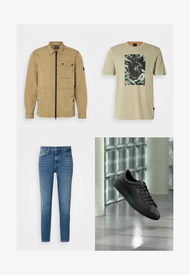 Veste beige légère au texture froissée avec une fermeture éclair sur le devant, poche poitrine boutonnée et poches latérales. Présente un design avec col.; T-shirt vert olive en coton, arborant un graphisme de panthère noire entouré de feuillage. Le logo de la marque est intégré dans le design.; Jeans en denim bleu clair avec une coupe droite, design traditionnel à cinq poches, fermeture par bouton en métal et décoloration subtile à l'avant.; Baskets basses en cuir noir avec lacets noirs et logo BOSS doré sur le côté, flottant au-dessus d’un sol gris brillant dans un espace intérieur moderne.