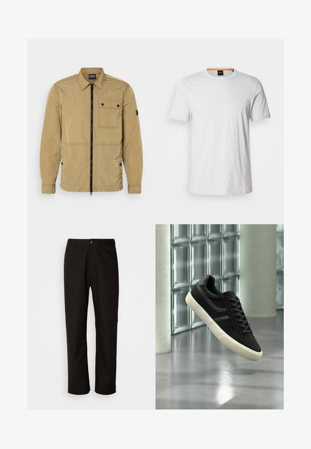 Veste beige légère au texture froissée avec une fermeture éclair sur le devant, poche poitrine boutonnée et poches latérales. Présente un design avec col.; T-shirt blanc à manches courtes en coton doux, avec un col rond et un subtil détail de logo assorti en blanc sur le devant.; Pantalon en coton noir avec une coupe droite, des passants de ceinture, une fermeture éclair à l'avant et un seul bouton. Texture lisse sans motifs visibles.; Baskets basses noires avec semelle et lacets blancs, de la marque "BOSS", flottant à l'intérieur près de fenêtres en blocs de verre et de piliers en béton.