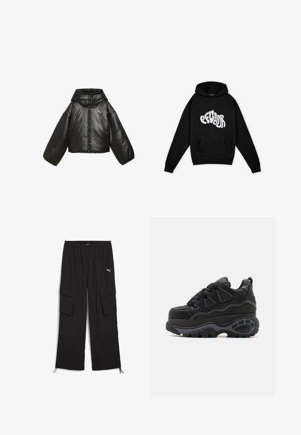 Sort pufferjakke med en blank finish, oversized hætte, lange ærmer, frontlynlås og et lille logo på brystet.; Pegador PALUMA OVERSIZED HOODIE - Sweatshirt - black; Svarte cargo-bukser med bred ben-design, elastisk talje, to sidelommer og snoretræk ved kanten. Har et lille hvidt logo.; Buffalo Skatesko - black