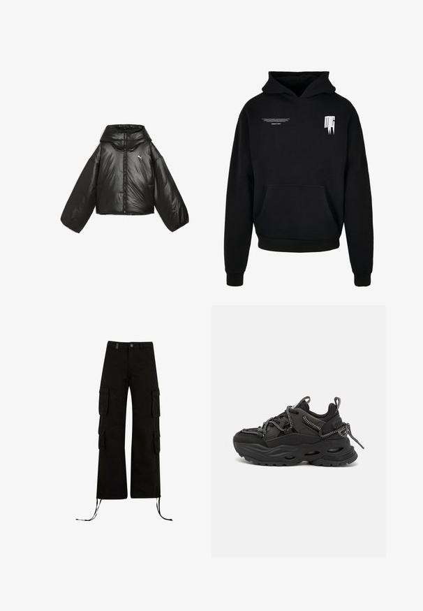 Zwarte pufferjack met een glanzende afwerking, oversized capuchon, lange mouwen, frontrits en een klein logo op de borst.; Zwarte hoodie met voorvak, kleine witte tekst op de bovenste linkerborst en gestileerd "MG"-logo op de bovenste rechterborst.; Zwarte cargobroek met een relaxte pasvorm, met cargozakken aan de zijkanten, koordjes aan de onderkant en een knoopsluiting in de taille.; Zwarte sportieve schoenen met een textuurstof bovenkant, dikke rubberen zool en contrasterende veters. Beschikt over een versterkte hiel en branding.