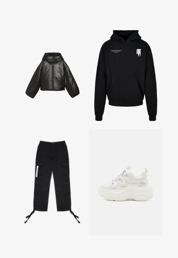 Chaqueta acolchada negra con un acabado brillante, capucha de gran tamaño, mangas largas, cremallera frontal y un pequeño logo en el pecho.; Sudadera negra con capucha con bolsillo delantero, texto pequeño en blanco en la parte superior izquierda del pecho y logotipo estilizado "MG" en la parte superior derecha del pecho.; Pegador TANAMI WIDE PANTS - Pantalones cargo - black; Zapatillas deportivas blancas y voluminosas que cuentan con una parte superior de malla y sintética, forma curvada, suela texturizada y un sistema de cordones destacado con detalles del logotipo.