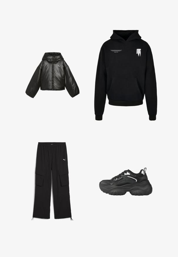 Zwarte pufferjack met een glanzende afwerking, oversized capuchon, lange mouwen, frontrits en een klein logo op de borst.; Zwarte hoodie met voorvak, kleine witte tekst op de bovenste linkerborst en gestileerd "MG"-logo op de bovenste rechterborst.; Zwarte cargobroek met een wijd design, elastische tailleband, twee zijzakken en trekkoord bij de pijpen. Bevat een klein wit logo.; Zwarte sportschoenen met een chunky zool, bovenwerk van mesh en synthetisch materiaal, vetersluiting en zilveren accenten aan de zijkanten.