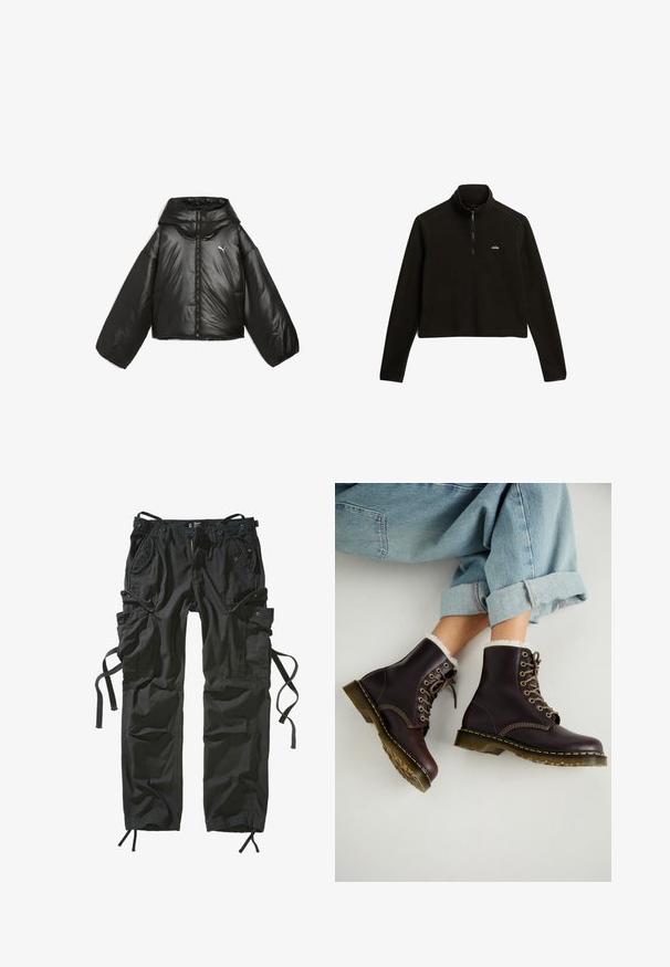 Zwarte pufferjack met een glanzende afwerking, oversized capuchon, lange mouwen, frontrits en een klein logo op de borst.; Zwarte fleecetruie met een hoge kraag, halve rits en lange mouwen. Bevat een klein logo op de borst en heeft een cropped ontwerp.; Zwarte cargobroek van lichtgewicht stof, met meerdere zakken, trekkoorden aan de zijkanten en een ontspannen pasvorm met versterkte stiksels.; Bruine leren enkellaarsjes met vetersluiting, bontvoering, gele stiksels en stevige rubberen zolen. Draag ze met opgerolde lichtblauwe jeans.