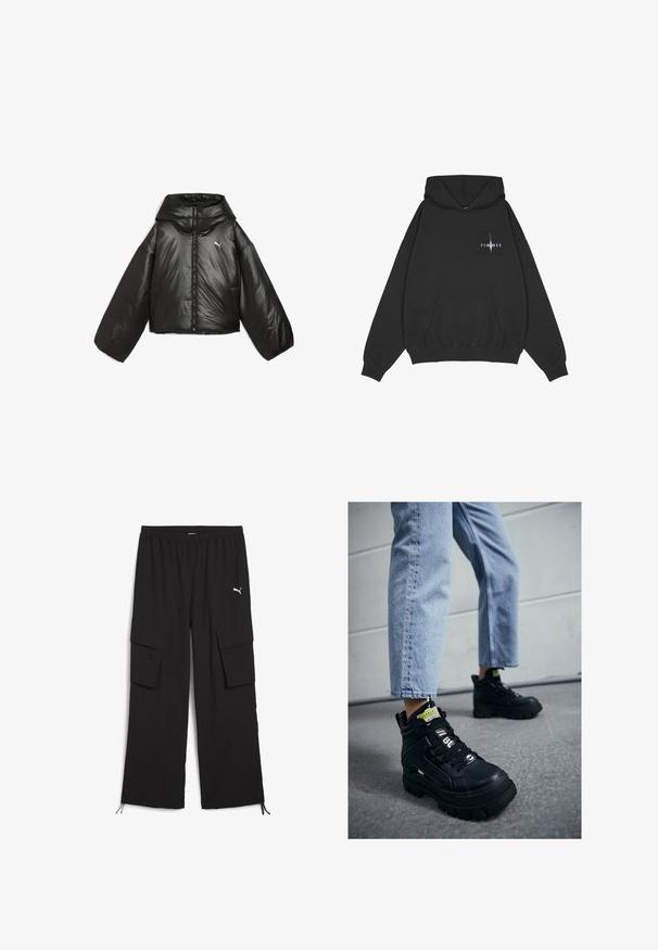 Sort pufferjakke med en blank finish, oversized hætte, lange ærmer, frontlynlås og et lille logo på brystet.; Pegador Hættetrøje - washed black; Svarte cargo-bukser med bred ben-design, elastisk talje, to sidelommer og snoretræk ved kanten. Har et lille hvidt logo.; Sorte højtop sneakers med en chunky sål, med snørebåndsdesign, logo accenter og gule tags. Worn med lyseblå cropped jeans.