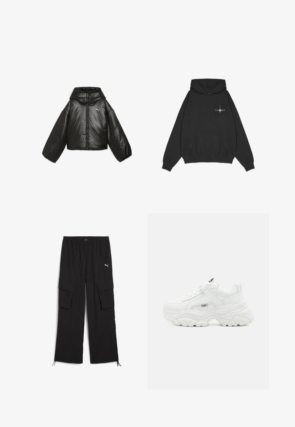 Sort pufferjakke med en blank finish, oversized hætte, lange ærmer, frontlynlås og et lille logo på brystet.; Pegador Hættetrøje - washed black; Svarte cargo-bukser med bred ben-design, elastisk talje, to sidelommer og snoretræk ved kanten. Har et lille hvidt logo.; Hvide chunky sneakers med en glat læderoverdel, rund tå og tyk tekstureret sål med et synligt brandlogo på siden.