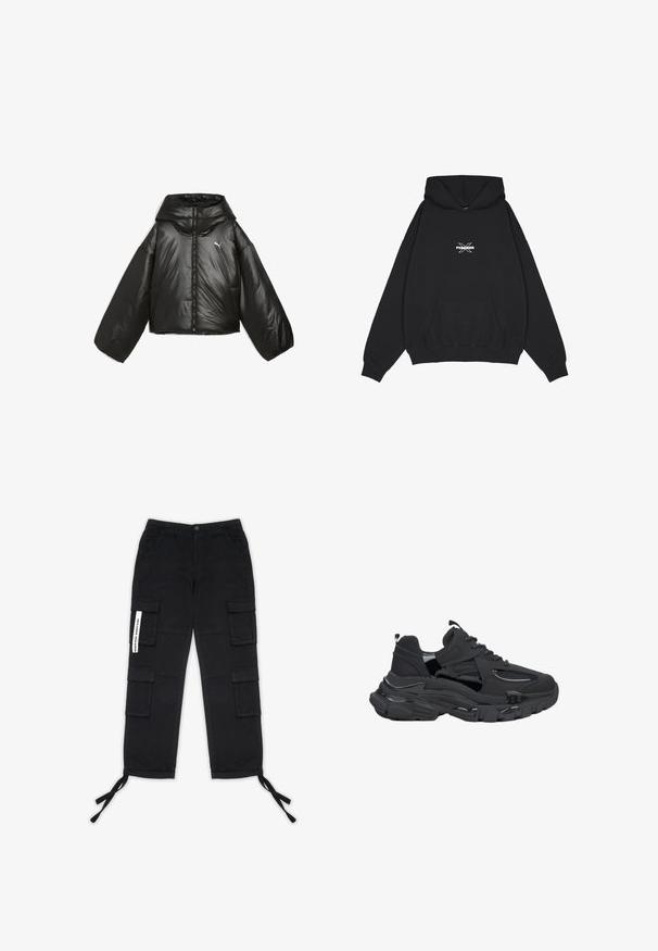 Schwarze Pufferjacke mit glänzender Oberfläche, übergroßer Kapuze, langen Ärmeln, Frontreißverschluss und kleinem Logo auf der Brust.; Pegador BELLY OVERSIZED HOODIE - Kapuzenpullover - washed black; Pegador TANAMI WIDE PANTS - Cargohose - black; Schwarzer Sneaker mit einer klobigen Sohle. Verfügt über eine Mischung aus matten und glänzenden Texturen, Netzeinsätze und eine gepolsterte Zunge für zusätzlichen Komfort.