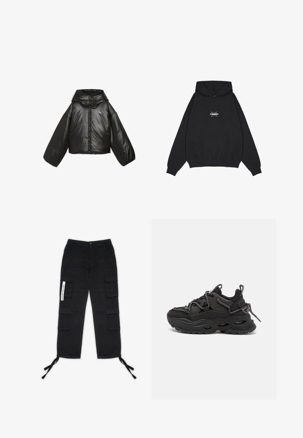 Musta puhvatua takki kiiltävällä pinnalla, ylipitkä huppu, pitkät hihat, vetoketju edessä ja pieni logo rinnassa.; Pegador BELLY OVERSIZED HOODIE - Huppari - washed black; Pegador TANAMI WIDE PANTS - Reisitaskuhousut - black; Mustat urheilukengät, joissa on teksturoitu kangaspinta, paksu kumipohja ja erottuvat nauhat. Varusteena vahvistettu kantapää ja brändäys.