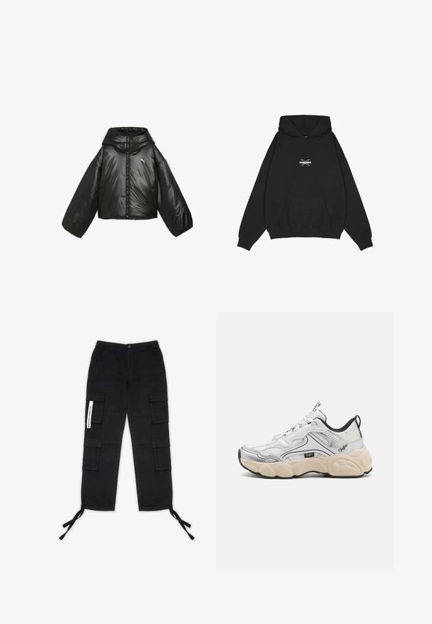 Zwarte pufferjack met een glanzende afwerking, oversized capuchon, lange mouwen, frontrits en een klein logo op de borst.; Pegador BELLY OVERSIZED HOODIE - Hoodie - washed black; Pegador TANAMI WIDE PANTS - Cargobroek - black; Witte sportschoen met mesh- en synthetische panelen, zilveren accenten, een chunky crèmekleurige zool en contrasterende zwarte details. Voorzien van een vetersysteem.