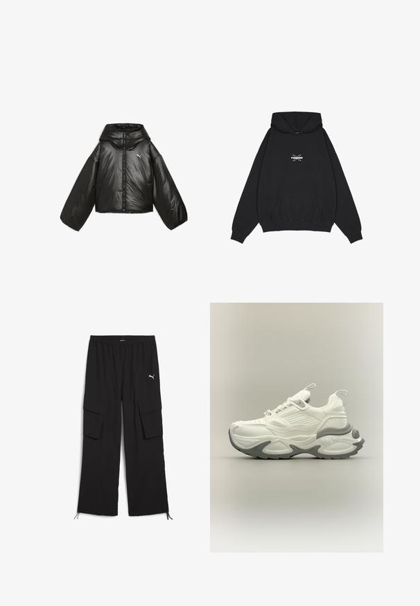 Chaqueta acolchada negra con un acabado brillante, capucha de gran tamaño, mangas largas, cremallera frontal y un pequeño logo en el pecho.; Pegador BELLY OVERSIZED HOODIE - Jersey con capucha - washed black; Pantalones cargo negros con un diseño de pierna ancha, cintura elástica, dos bolsillos laterales y dobladillos con cordón. Presenta un pequeño logo blanco.; Zapatilla gruesa blanca y gris con suela texturizada, pestañas en la lengüeta y el talón, y diseño detallado de paneles en la parte superior.