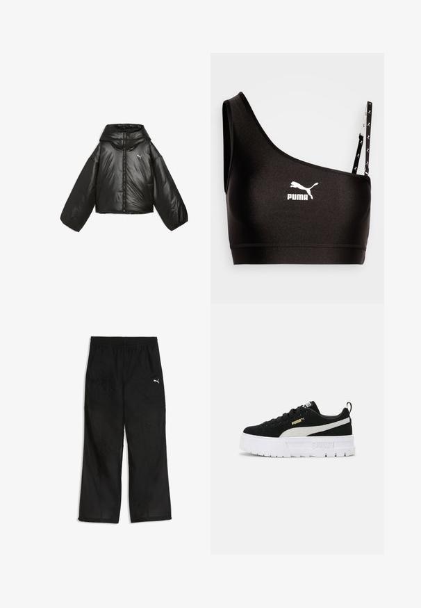 Zwarte pufferjack met een glanzende afwerking, oversized capuchon, lange mouwen, frontrits en een klein logo op de borst.; Zwart sportbh met één schouderband, voorzien van een wit Puma-logo. Soepele, rekbare stof met een strakke uitstraling en contrasterende banddetails.; Zwarte sportbroek gemaakt van lichtgewicht, gestructureerde stof. Voorzien van een elastische tailleband en een klein wit logo op het linkerbeen.; Zwarte suède sneakers met een witte rubberen platformzool, kenmerkend door een witte zijkantstreep en een gouden logo-accent aan de zijkant.