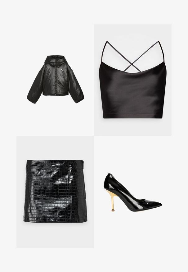 Zwarte pufferjack met een glanzende afwerking, oversized capuchon, lange mouwen, frontrits en een klein logo op de borst.; Even&Odd Top - black; Zwarte, glanzende vinyl clutch met een krokodillenleren patroon, een gladde textuur en een ritssluiting aan de bovenkant. Compact rechthoekig formaat.; Zwarte lakleren hoge hakken met een spitse neus en een gouden stiletto hak. Glad, glanzende afwerking met een subtiele uitsnijding bij de enkel.
