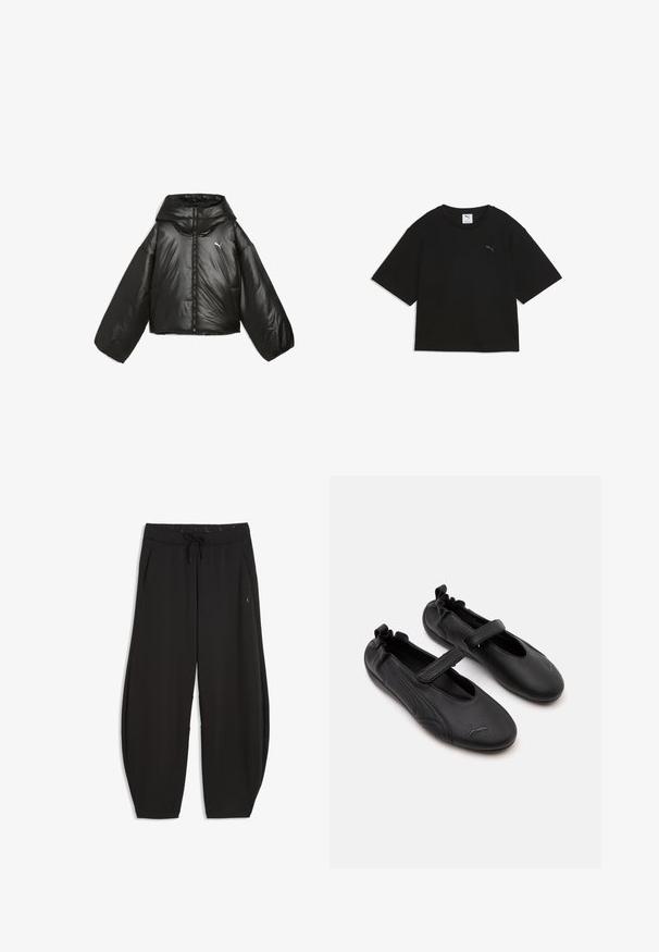 Chaqueta acolchada negra con un acabado brillante, capucha de gran tamaño, mangas largas, cremallera frontal y un pequeño logo en el pecho.; Camiseta negra de manga corta y corte cropped con cuello redondo y pequeño logotipo de Puma en el pecho.; Pantalones negros de corte holgado con cintura elástica, cordón, bolsillos laterales y un pequeño logo en el muslo derecho.; Par de zapatos estilo Mary Jane de cuero negro con parte trasera elástica y correa de velcro, con un sutil logo de Puma en cada punta.