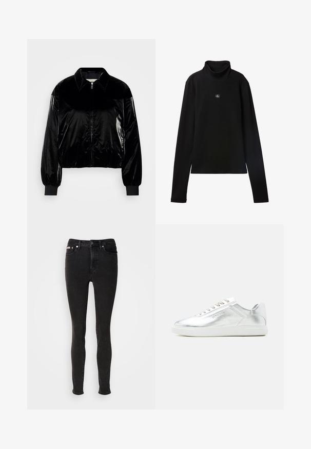 Veste bomber en velours noir avec un col, fermeture éclair frontale, poignets et ourlet côtelés. Texture brillante avec une coupe décontractée et des épaules tombantes.; Haut noir à col roulé côtelé à manches longues avec petit patch carré du logo Calvin Klein centré sur la poitrine.; Jean skinny noir en denim à texture lisse, doté d'un design à cinq poches, passants pour ceinture et fermeture par bouton en métal.; Baskets basses argent métallisé avec semelle et lacets blancs, texture lisse et logo discret embossé sur le côté.