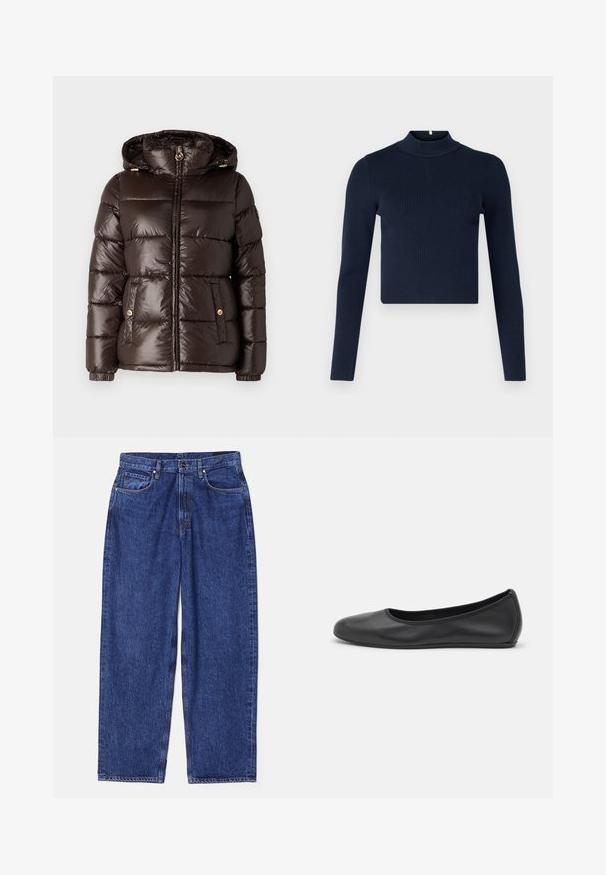 MICHAEL Michael Kors ULTRA LIGHTWEIGHT PUFFER - Veste d'hiver - chocolate; Haut à manches longues côtelé bleu marine avec un col montant et un design cropped. Fabriqué en tissu texturé avec un style minimaliste.; Jean large en denim bleu avec taille haute, cinq poches et fermeture classique à bouton et zip. Tissu texturé avec un léger effet délavé.; Ballerines en cuir noir avec un bout rond, texture lisse, détails de couture minimalistes et design de semelle flexible.