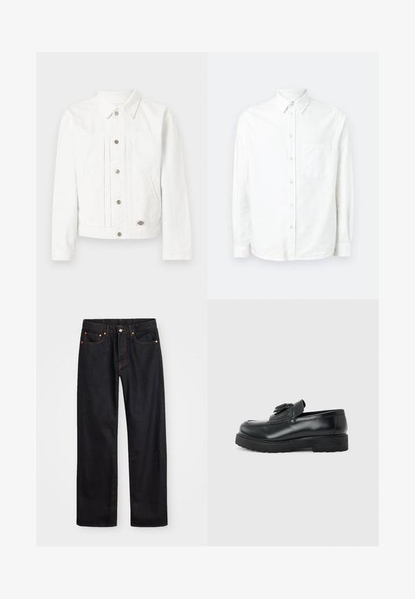 Veste en denim blanc avec fermeture à boutons, deux poches latérales, un col, et une petite écusson logo près de l'ourlet sur un fond uni.; Chemise blanche à manches longues avec boutons, en tissu léger. Présente une poche poitrine, un col classique et une texture subtile.; Jean en denim noir pour hommes, coupe droite, avec cinq poches et surpiqûres orange, fermeture par bouton et zip à la taille avant.; Mocassin en cuir noir avec pampilles, semelle épaisse en caoutchouc et talon bas, présenté de profil sur un fond uni.