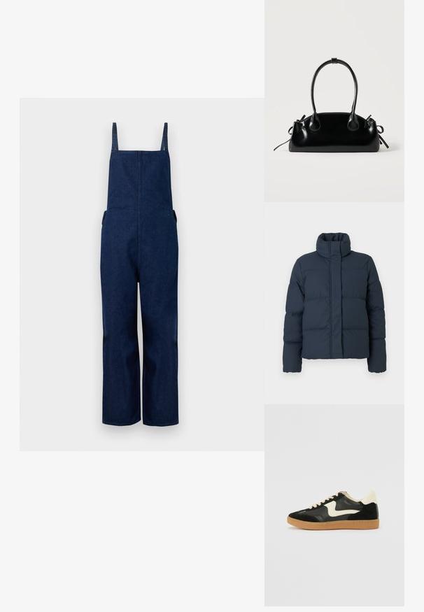 Veste matelassée bleu marine avec col haut, texture matelassée et fermeture éclair sur le devant. Elle dispose de longues manches et d'une coupe carrée.; Salopette en denim marine avec jambes larges, bretelles ajustables et poches latérales, présentant un design épuré et minimaliste ainsi qu'une texture lisse.; Baskets en daim et cuir noir avec un swoosh latéral crème et un talon crème clair. Dotées de lacets beige et d'une semelle en caoutchouc gomme.; Petit sac à main noir brillant avec deux longues anses et des détails à cordon sur les côtés sur un fond clair uni.