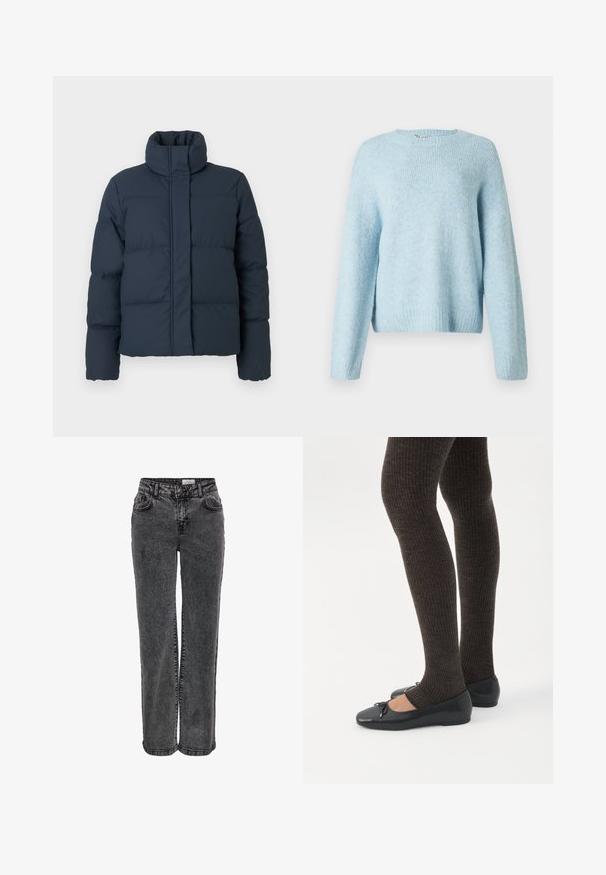 Veste matelassée bleu marine avec col haut, texture matelassée et fermeture éclair sur le devant. Elle dispose de longues manches et d'une coupe carrée.; Pull en tricot bleu clair avec un col rond, des manches longues et des poignets côtelés. Texture douce et coupe décontractée.; Jeans en denim noir au design droit, avec poches avant, passants de ceinture et une texture légèrement délavée.; Jambes portant des leggings côtelés foncés associés à des ballerines noires avec de petits détails en nœud sur fond blanc.