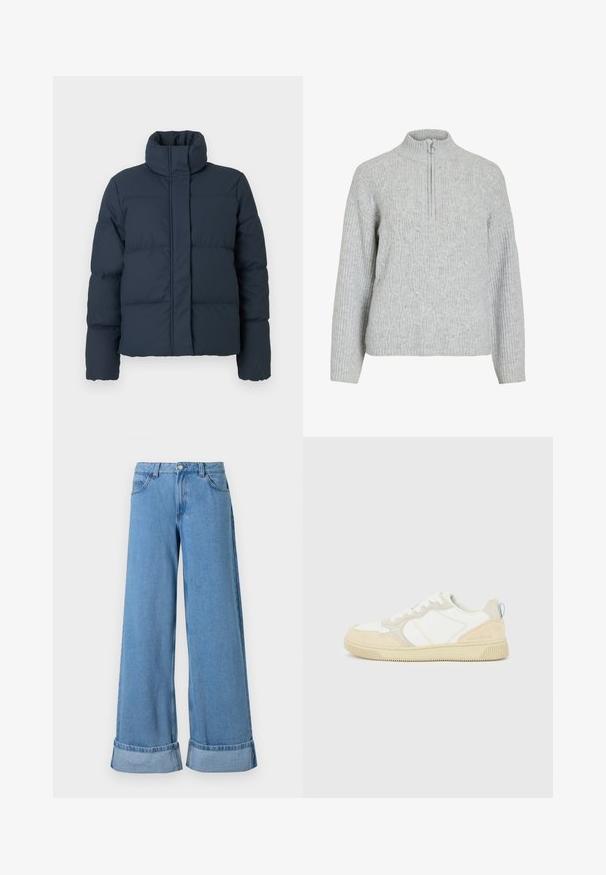 Veste matelassée bleu marine avec col haut, texture matelassée et fermeture éclair sur le devant. Elle dispose de longues manches et d'une coupe carrée.; Pull gris à col zippé en tissu tricoté, présentant un motif de câble texturé, des manches côtelées et un col haut.; Jean en denim bleu clair à jambes larges avec une taille haute, des poignets roulés, un design à cinq poches et une fermeture à bouton avec un zip.; Baskets blanches et beiges avec dessus en suède et textile, présentant des coutures contrastées, une semelle en caoutchouc et un accent bleu clair sur le talon.