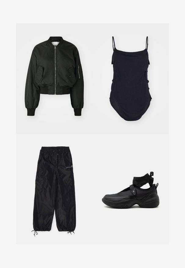 Veste bomber noire avec fermeture éclair à l'avant, grandes poches latérales et poignets côtelés. Fabriquée en tissu lisse et durable avec une coupe courte.; Haut sans manches noir avec des bretelles fines, fabriqué en tissu doux. Présente des côtés drapés et un ourlet arrondi pour un ajustement décontracté.; Pantalons cargo noirs en nylon brillant avec une taille élastique, cordon de serrage réglable, poches latérales et poignets élastiques.; Baskets noires de sport avec une semelle épaisse, une sangle à la cheville et une fermeture à nouer en tissu, vues de profil gauche sur fond blanc.