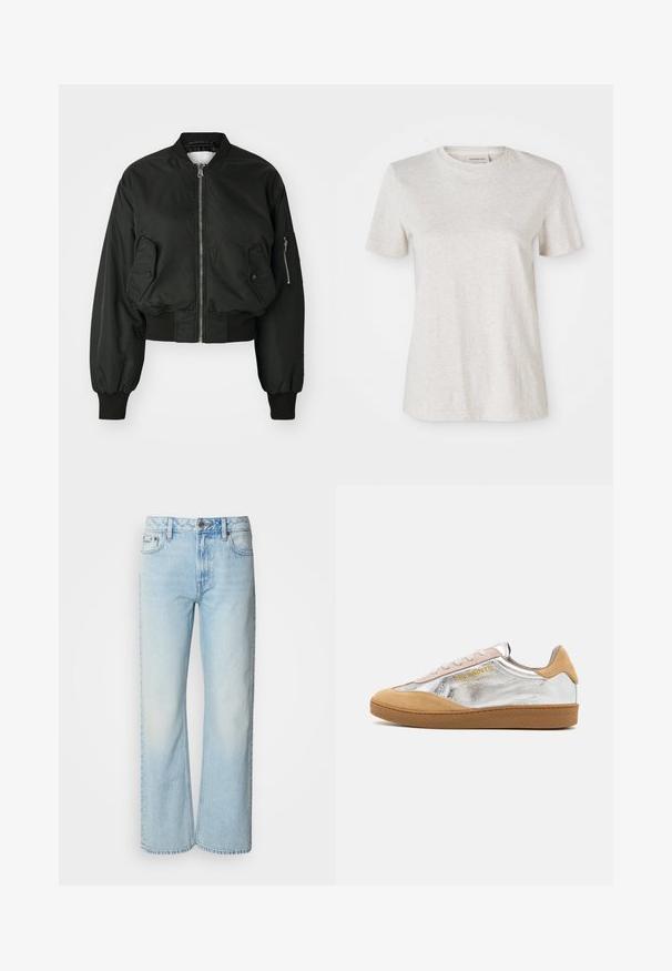 Veste bomber noire avec fermeture éclair à l'avant, grandes poches latérales et poignets côtelés. Fabriquée en tissu lisse et durable avec une coupe courte.; T-shirt à manches courtes gris clair en mélange de coton doux, avec un col rond et un petit logo brodé sur la poitrine.; Jeans à jambes larges bleu clair en denim, présentant un design classique à cinq poches et une texture légèrement décolorée. La couture en denim est visible.; Baskets en suède argent et beige avec une semelle en caoutchouc texturée, des lacets beiges et un logo imprimé en jaune sur le côté.