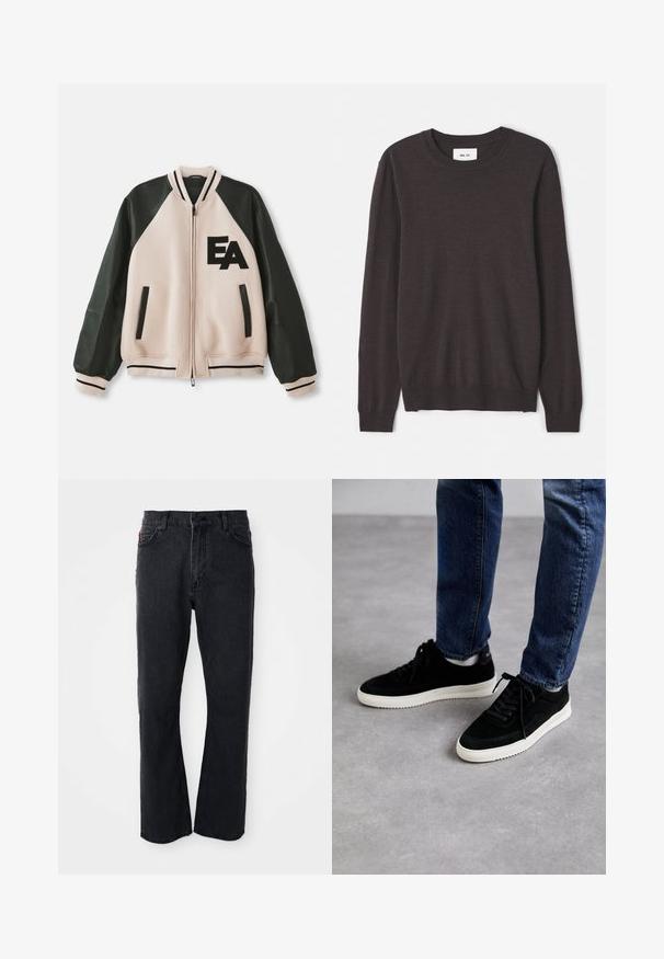 Beige und schwarze Collegejacke mit Lederärmeln, Frontreißverschluss, zwei vertikalen Taschen und "EA"-Logo auf der linken Brust.; Dunkelbrauner Strickpullover mit rundem Ausschnitt, langen Ärmeln, gerippten Bündchen und Saum, glatter Textur und minimalem Markenlabel.; Schwarze Denim-Jeans mit geradem Bein, hoher Taille, Knopfverschluss und dezenten Nähdetails an den Taschen und Nähten.; Schwarze Wildledersneaker mit einer weißen Gummisohle, die ein klassisches Low-Top-Design, eine abgerundete Spitze und flache schwarze Schnürsenkel aufweisen.
