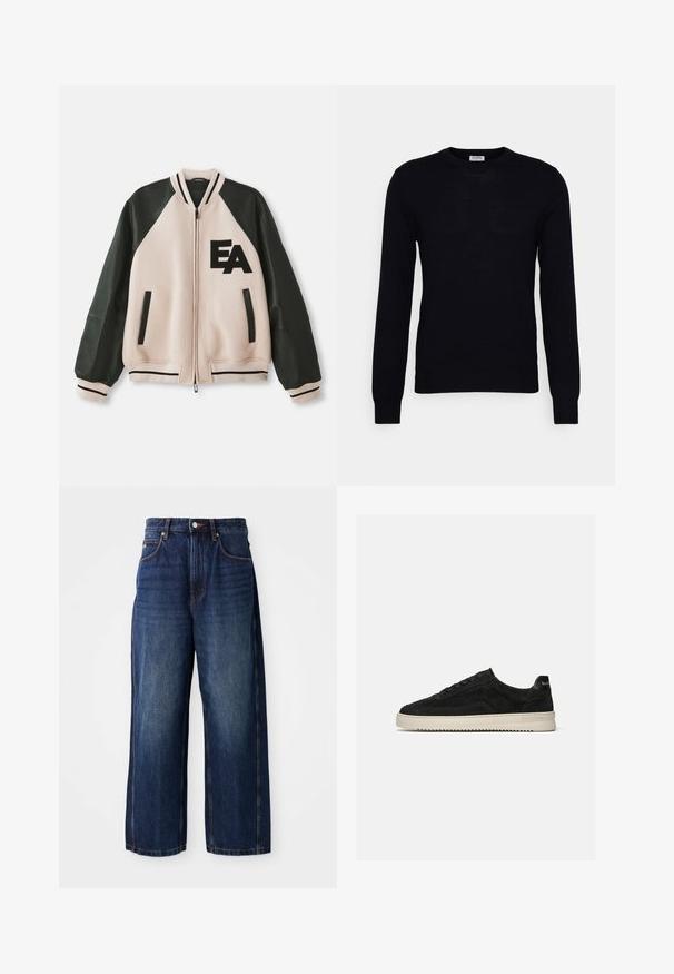 Μπεζ και μαύρο varsity jacket με δερμάτινα μανίκια, μπροστινό φερμουάρ, δύο κατακόρυες τσέπες και λογότυπο "EA" στο αριστερό στήθος.; Μαύρο πουλόβερ με μακριά μανίκια από μαλακό πλεκτό υλικό. Στρογγυλή λαιμόκοψη, ριμπ μανίκια και στρίφωμα. Μινιμαλιστικός σχεδιασμός χωρίς ορατά σχέδια ή κουμπιά.; Σκούρο μπλε τζιν παντελόνι με φαρδιά γραμμή, φτιαγμένο από τζιν. Διαθέτει κλασική ζώνη μέσης με θηλιές για ζώνη, μπροστινές τσέπες και ευθεία σιλουέτα.; Μαύρο σουέντ παπούτσι τύπου χαμηλό sneaker με μαύρα κορδόνια και λευκή λαστιχένια σόλα, πλευρική όψη σε απλό ανοιχτό γκρι φόντο.