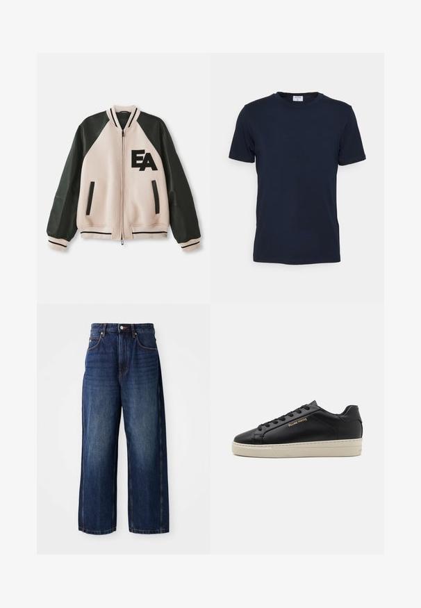 Beige en zwarte varsityjack met leren mouwen, voorzijde met rits, twee verticale zakken en 'EA' logo op de linkerkant van de borst.; Marineblauwe crewneck t-shirt gemaakt van zachte stof. Korte mouwen met een klassieke pasvorm, met een label aan de hals. Soepele textuur, minimale uitstraling.; Donkerblauwe wijde-denim jeans. Kenmerken zijn een klassieke tailleband met riemlussen, zwarte zakken aan de voorkant en een rechte silhouet.; Zwarte leren sneaker met een gladde afwerking, contrasterende crèmekleurige zool, ronde neus, gouden logo aan de zijkant en zes gaatjes voor veters.