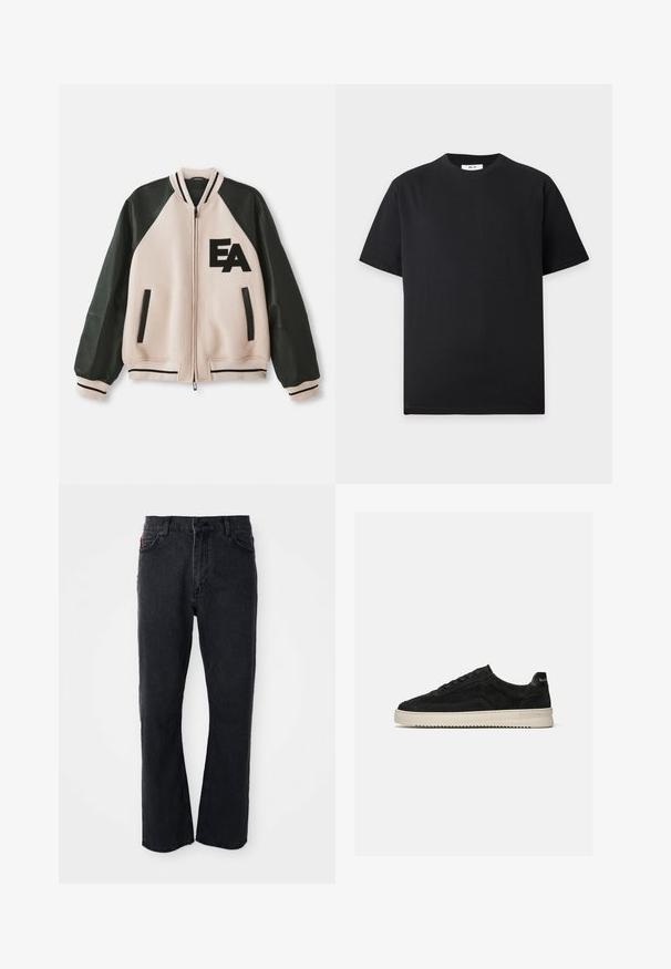 Beige und schwarze Collegejacke mit Lederärmeln, Frontreißverschluss, zwei vertikalen Taschen und "EA"-Logo auf der linken Brust.; Schlichtes schwarzes T-Shirt mit kurzen Ärmeln und Rundhalsausschnitt mit kleinem weißen Etikett innen im Kragen auf hellgrauem Hintergrund.; Schwarze Denim-Jeans mit geradem Bein, hoher Taille, Knopfverschluss und dezenten Nähdetails an den Taschen und Nähten.; Schwarzer Wildleder-Low-Top-Sneaker mit schwarzen Schnürsenkeln und weißer Gummisohle, Seitenansicht auf schlichtem hellgrauem Hintergrund.