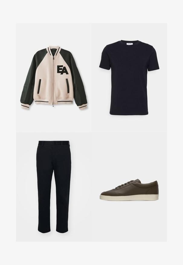 Beige und schwarze Collegejacke mit Lederärmeln, Frontreißverschluss, zwei vertikalen Taschen und "EA"-Logo auf der linken Brust.; Schwarzes T-Shirt mit kurzen Ärmeln und Rundhalsausschnitt, mit einem kleinen weißen Etikett auf der Innenseite des Kragens.; Schwarze Hose mit geradem Schnitt, aus glattem Stoff gefertigt. Mit einem Bund und Gürtelschlaufen, ohne sichtbare Taschen oder Muster.; Dunkelbrauner Sneaker aus Leder mit niedrigem Schaft, Schnürung an der Vorderseite und kremfarbenem Gummisohlenrand, von der Außenseite auf weißem Hintergrund gezeigt.