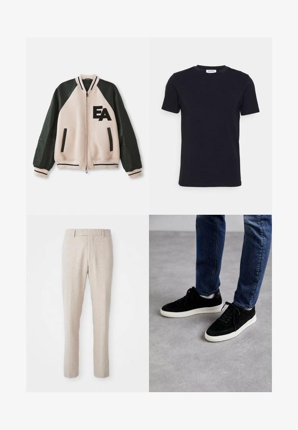Beige og sort varsityjakke med læderærmer, frontlynlås, to lodrette lommer og "EA" logo på venstre bryst.; Sort kortærmet t-shirt med rund hals og et lille hvidt mærke indeni halsudskæringen.; Beige vævede bukser med lige pasform, der har flad front, bæltestropper og ingen synlige mønstre eller hardware detaljer.; Sorte ruskind sneakers med en hvid gummisål, der har et klassisk low-top design, rundt tå og flade sorte snørebånd.