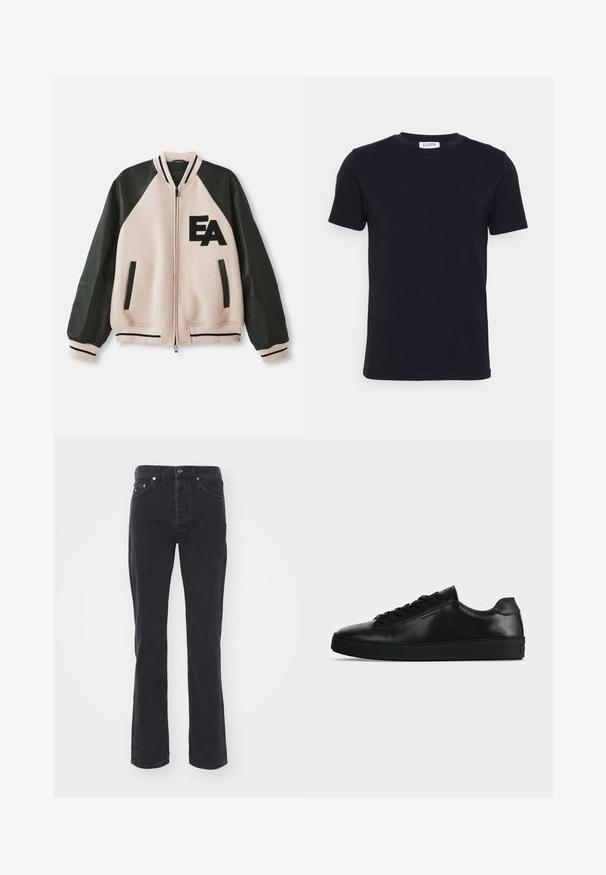 Beige und schwarze Collegejacke mit Lederärmeln, Frontreißverschluss, zwei vertikalen Taschen und "EA"-Logo auf der linken Brust.; Schwarzes T-Shirt mit kurzen Ärmeln und Rundhalsausschnitt, mit einem kleinen weißen Etikett auf der Innenseite des Kragens.; Schwarze Jeans aus Denim mit geradem Bein, ausgestattet mit fünf Taschen und einem Knopfverschluss. Der Stoff hat eine subtile Textur und eine robuste Verarbeitung.; Schwarzer niedriger Ledersneaker mit schwarzen Schnürsenkeln und dicker schwarzer Sohle, von der Seite auf hellgrauem Hintergrund gezeigt.