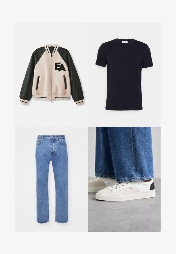 Beige og sort varsityjakke med læderærmer, frontlynlås, to lodrette lommer og "EA" logo på venstre bryst.; Sort kortærmet t-shirt med rund hals og et lille hvidt mærke indeni halsudskæringen.; Won Hundred STEVE - Jeans Relaxed Fit - cut blue; Hvide og sorte sneakers med en glat læderoverdel, teksturerede detaljer og en kraftig hvid sål. Har et klassisk snørebåndsdesign.