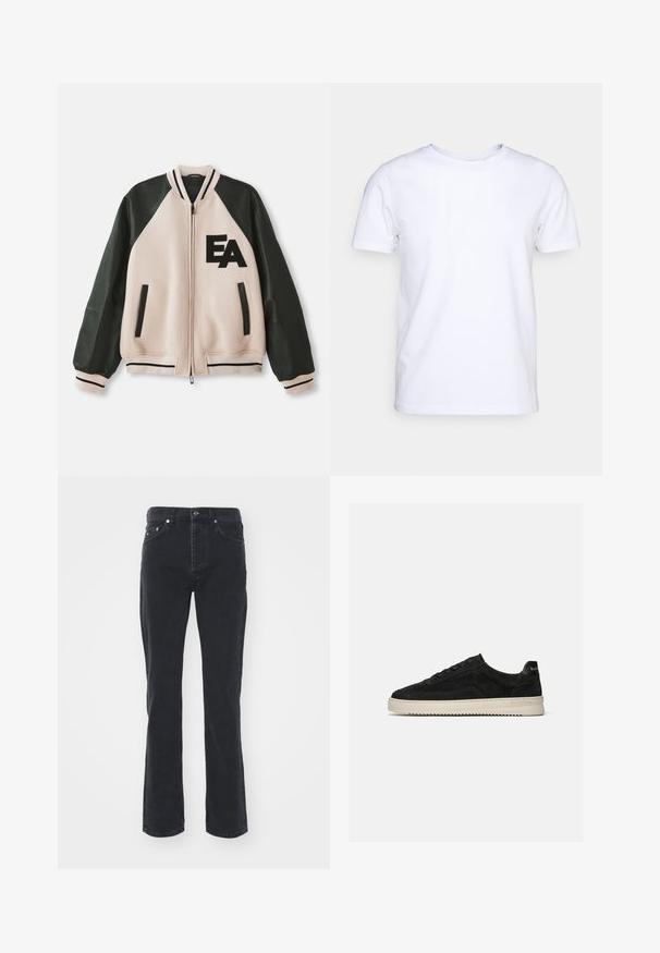 Beige en zwarte varsityjack met leren mouwen, voorzijde met rits, twee verticale zakken en 'EA' logo op de linkerkant van de borst.; Witte katoenen t-shirt met korte mouwen en een ronde hals. Eenvoudig ontwerp zonder patronen of accenten. Glad textuur.; Zwarte denim jeans met een rechte pijpdesign, voorzien van vijf zakken en een knoopsluiting. De stof heeft een subtiele textuur en stevige afwerking.; Zwarte suède lage sneaker met zwarte veters en witte rubberen zool, zijaanzicht op een effen lichtgrijze achtergrond.