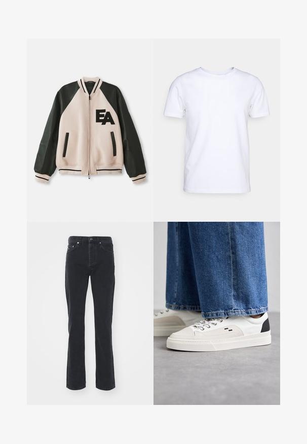 Beige und schwarze Collegejacke mit Lederärmeln, Frontreißverschluss, zwei vertikalen Taschen und "EA"-Logo auf der linken Brust.; Weißes T-Shirt mit kurzen Ärmeln aus Baumwollstoff und rundem Halsausschnitt. Schlichtes Design ohne Muster oder Akzente. Glatte Textur.; Schwarze Jeans aus Denim mit geradem Bein, ausgestattet mit fünf Taschen und einem Knopfverschluss. Der Stoff hat eine subtile Textur und eine robuste Verarbeitung.; Weiße und schwarze Sneaker mit einem Obermaterial aus glattem Leder, strukturierten Akzenten und einer massiven weißen Sohle. Verfügt über ein klassisches Schnürdesign.