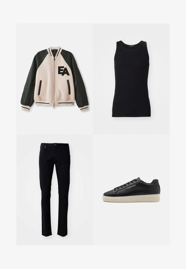 Beige und schwarze Collegejacke mit Lederärmeln, Frontreißverschluss, zwei vertikalen Taschen und "EA"-Logo auf der linken Brust.; Schwarzes Tanktop aus einem glatten, dehnbaren Material. Verfügt über einen runden Halsausschnitt und keine Ärmel, mit einer engen Passform und einfachem Design.; Schwarze Baumwollhosen mit schmaler Passform, ausgestattet mit einem Knopfverschluss, Gürtelschlaufen, Fronttaschen und einer glatten Textur.; Schwarze Leder-Sneaker mit glatter Oberfläche, kontrastierender cremefarbener Sohle, abgerundeter Spitze, goldfarbenem Logo an der Seite und sechs Ösen für die Schnürsenkel.