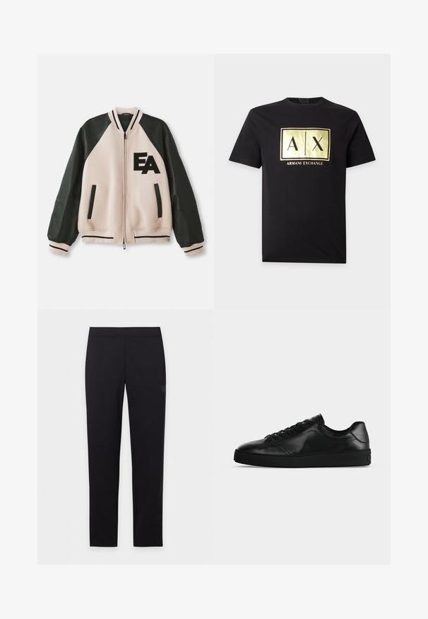 Beige en zwarte varsityjack met leren mouwen, voorzijde met rits, twee verticale zakken en 'EA' logo op de linkerkant van de borst.; Zwart T-shirt met korte mouwen met een glanzend goud vierkant logo met daarop "A|X" en "Armani Exchange" tekst onder het logo.; Zwarte slim fit leggings met elastische tailleband, plat getoond op een witte achtergrond.; Zwart leren sneaker met lage schacht, veters aan de voorkant en een getextureerde platte zool, zijaanzicht op een neutrale achtergrond.