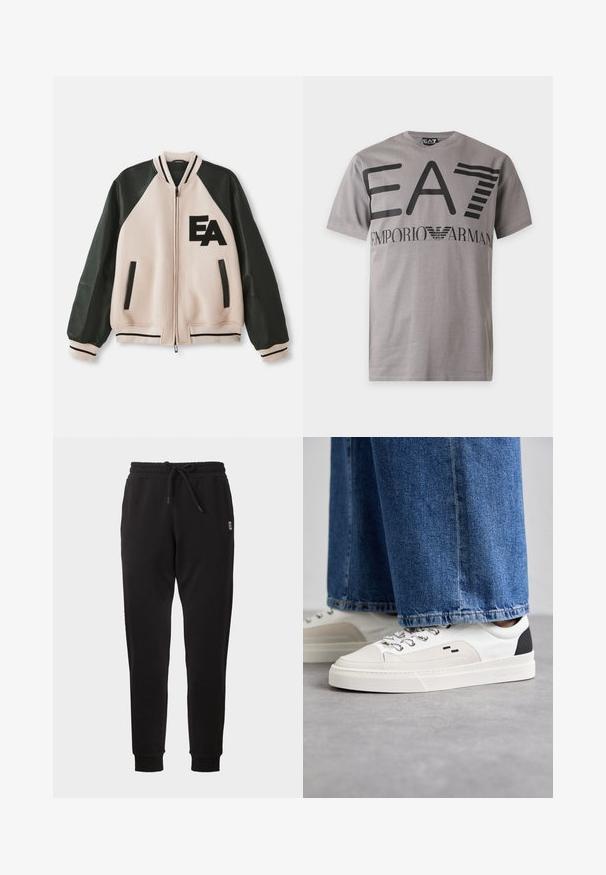 Beige en zwarte varsityjack met leren mouwen, voorzijde met rits, twee verticale zakken en 'EA' logo op de linkerkant van de borst.; Grijs T-shirt met korte mouwen met grote zwarte "EA7" en kleinere "Emporio Armani" tekst en logo op de borst.; Zwarte taps toelopende joggingbroek met elastische tailleband, trekkoord, zijzakken en geribde boorden, afgebeeld op een effen achtergrond.; Witte en zwarte sneakers met een glad leren bovenwerk, textuuraccenten en een chunky witte zool. Heeft een klassiek vetersluiting ontwerp.