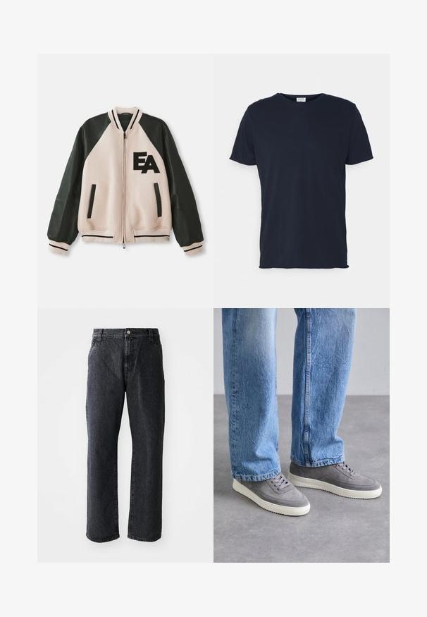 Beige und schwarze Collegejacke mit Lederärmeln, Frontreißverschluss, zwei vertikalen Taschen und "EA"-Logo auf der linken Brust.; Marineblaue Baumwoll-T-Shirt mit Rundhalsausschnitt und kurzen Ärmeln, mit einer glatten Oberfläche und einfachem Design, ohne sichtbare Muster oder Akzente.; Schwarze Denim-Jeans mit geradem Schnitt, ausgestattet mit einem Knopfverschluss, fünf Taschen und subtiler Textur. Klassisches Design ohne auffällige Muster.; Graue Sneakers mit Obermaterial aus Veloursleder und Gummisohle. Mit abgerundetem Zehenbereich, sechs Ösen und strukturierten Details. Kombiniert mit hellblauen Jeans.