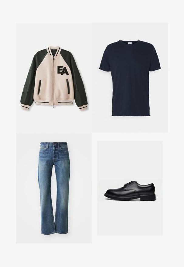 Beige en zwarte varsityjack met leren mouwen, voorzijde met rits, twee verticale zakken en 'EA' logo op de linkerkant van de borst.; Navyblauwe katoenen t-shirt met ronde hals en korte mouwen, met een gladde textuur en eenvoudig ontwerp, zonder zichtbare patronen of accenten.; Denim jeans in een licht tot gemiddeld blauwe kleur, met een recht gesneden pijp, klassiek vijf-pocket ontwerp en subtiele vervaging aan de voorkant.; Zwarte gepolijste leren nette schoen met vetersluiting en dikke rubberen zool, gezien vanaf de zijkant op een effen lichte achtergrond.