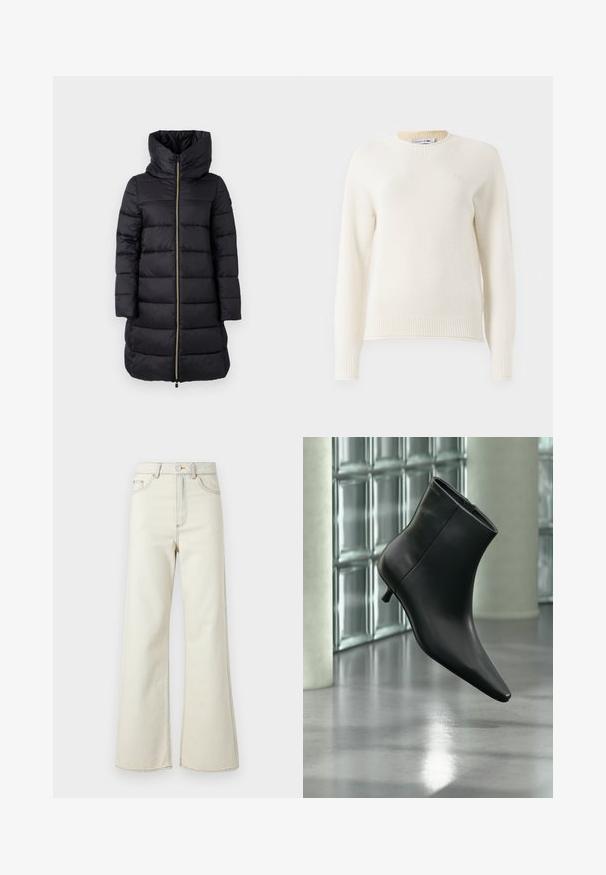 Manteau noir rembourré avec un col montant et une fermeture éclair sur toute la longueur. Présente un motif quilté horizontal et des manches longues.; Pull en maille blanc cassé à manches longues avec des poignets et un ourlet côtelés, col rond, et petit logo brodé sur la poitrine.; Jeans en denim beige taille haute avec jambes larges, présentant des coutures légères et une fermeture éclair à l'avant. Aucune poche visible.; Bottine en cuir noir à bout pointu et petit talon kitten, présentée en angle devant un sol poli et un mur en blocs de verre.