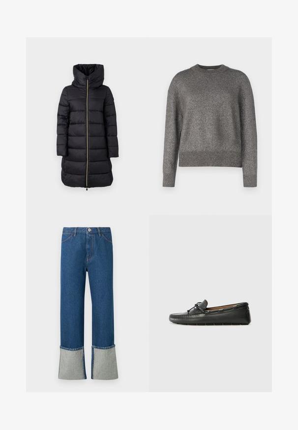 Manteau noir rembourré avec un col montant et une fermeture éclair sur toute la longueur. Présente un motif quilté horizontal et des manches longues.; Pull gris avec une texture tricotée réfléchissante, col rond, et poignets et ourlet côtelés ; coupe légèrement ample et manches longues.; Jean en denim bleu foncé avec des revers larges en bleu clair. Présente une fermeture à bouton à l'avant, des accents de couture et quatre poches. Design classique à jambe droite.; Bateau en cuir noir avec un bout arrondi, des détails de couture, un petit accent en nœud et une semelle en caoutchouc. Texture lisse et design épuré.