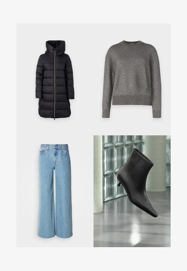 Manteau noir rembourré avec un col montant et une fermeture éclair sur toute la longueur. Présente un motif quilté horizontal et des manches longues.; Pull gris avec une texture tricotée réfléchissante, col rond, et poignets et ourlet côtelés ; coupe légèrement ample et manches longues.; Jean large bleu clair en denim, avec une taille haute, un design à cinq poches et un léger dégradé sur le tissu.; Bottine en cuir noir avec bout pointu et petit talon, présentée devant un mur en blocs de verre et un sol poli.