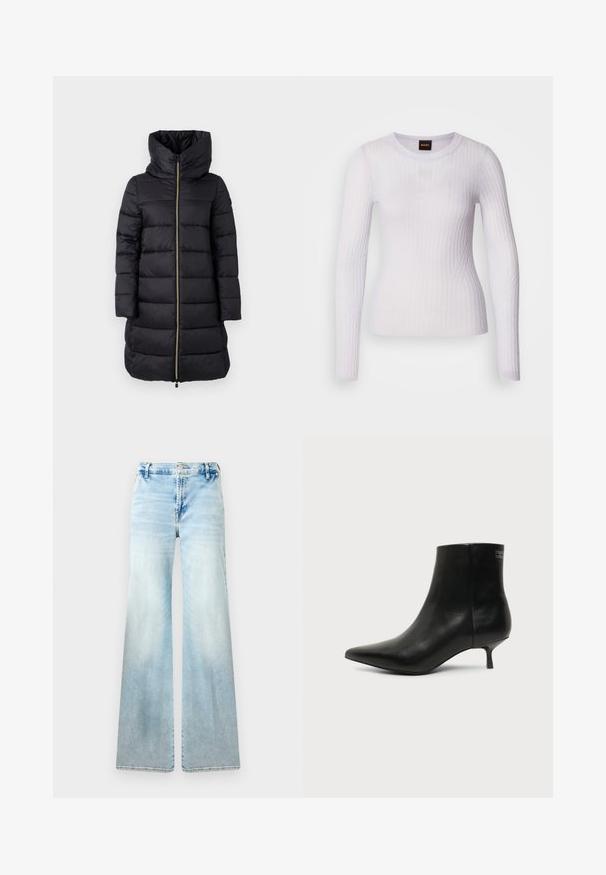 Manteau noir rembourré avec un col montant et une fermeture éclair sur toute la longueur. Présente un motif quilté horizontal et des manches longues.; Haut blanc à manches longues en tissu côtelé ; doté d'un col rond et d'une coupe ajustée avec une texture subtile et des détails de coutures.; Jean évasé bleu clair en denim. Présente un délavage, des poches standard et une fermeture à bouton à la taille.; Bottine en cuir noir avec bout pointu et petit talon kitten sur fond clair, vue côté extérieur.
