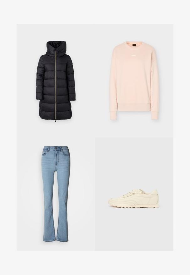 Manteau noir rembourré avec un col montant et une fermeture éclair sur toute la longueur. Présente un motif quilté horizontal et des manches longues.; Sweat-shirt à manches longues rose clair avec col rond, poignets et ourlet en côte, arborant un petit logo BOSS blanc centré sur la poitrine.; Jean en denim bleu clair avec taille haute, jambes droites et détail d'ourlet fendu aux chevilles. Comprend cinq poches et une fermeture à boutons.; Baskets basses de couleur crème avec des coutures ondulées, une fermeture à lacets et une semelle crantée, vues de côté sur un fond uni.